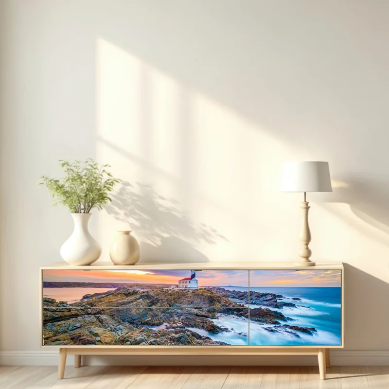 Repositionierbarer Aufkleber sonnenuntergang bei leuchtturm Favaritx, Menorca