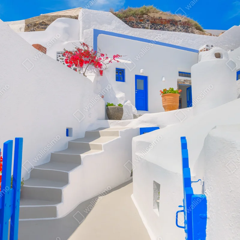 Fototapete Santorini weiße häuser mit blauen akzenten Fototapete Santorini weiße häuser mit blauen akzenten