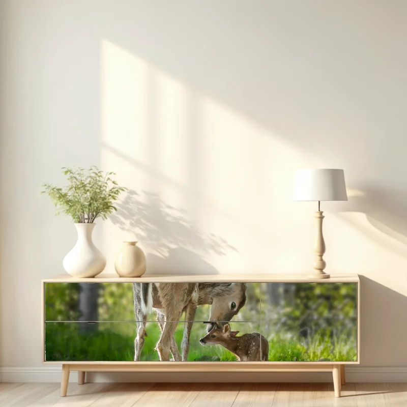 Repositionierbarer Aufkleber hirsch und kitz im sonnendurchfluteten wald Repositionierbarer Aufkleber hirsch und kitz im sonnendurchfluteten wald