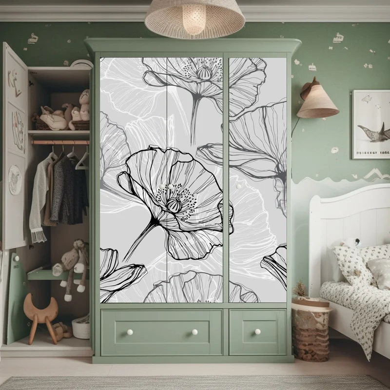 Schrankaufkleber zarter grauer mohn in linienzeichnung