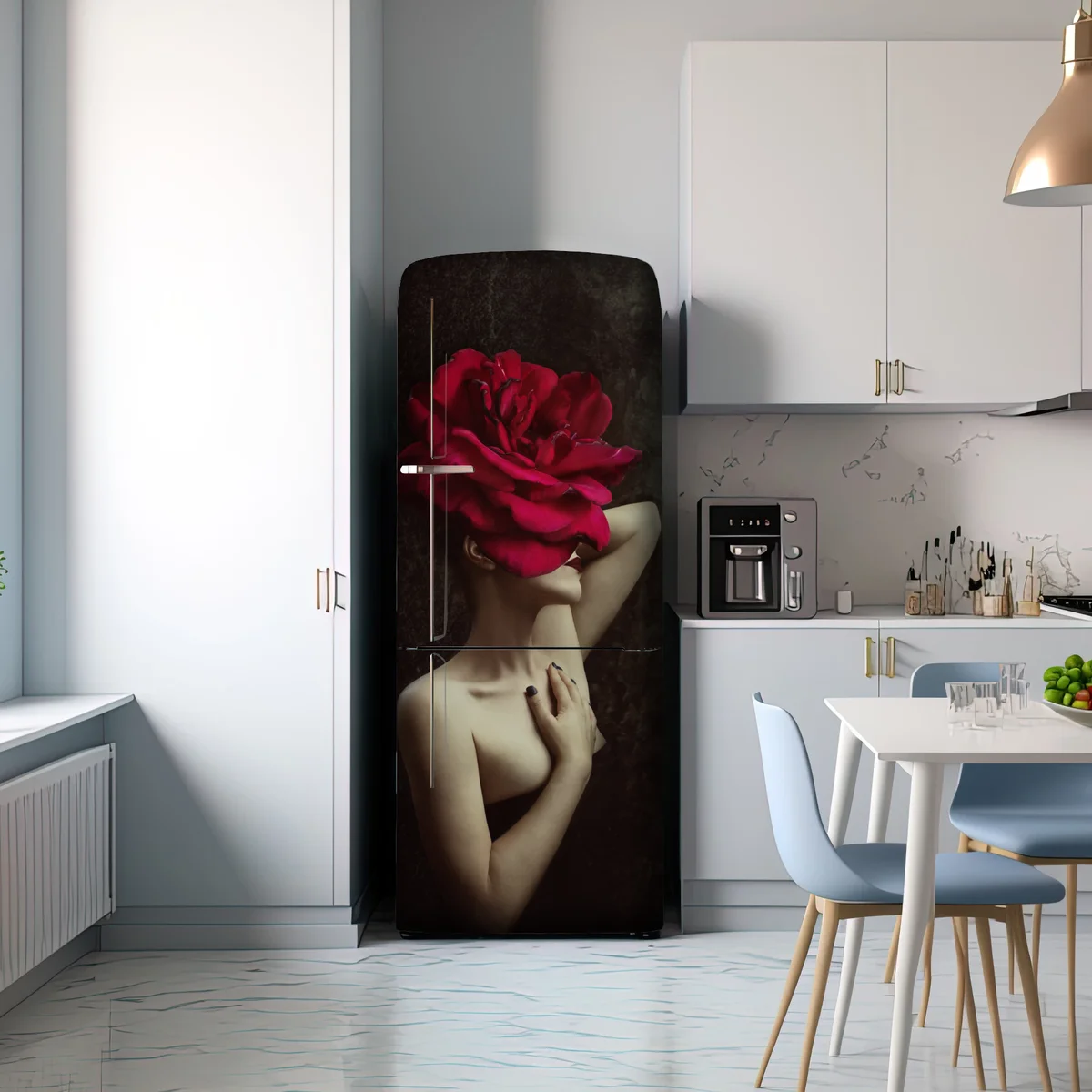 Kühlschrankaufkleber frau mit rosenkopf surreales blumenporträt Kühlschrankaufkleber frau mit rosenkopf surreales blumenporträt