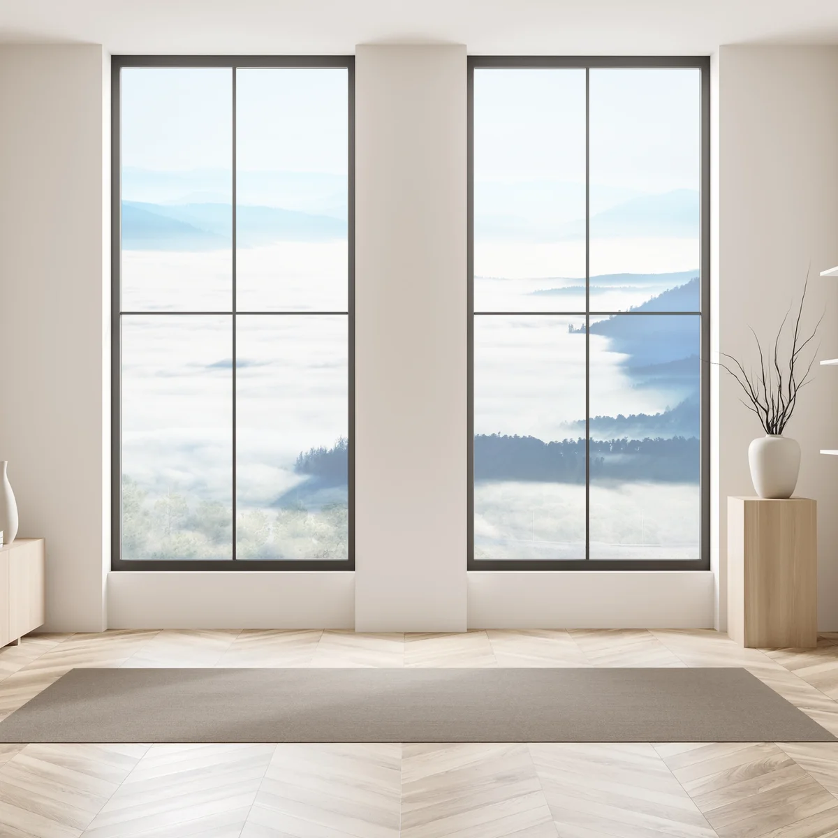 Fensteraufkleber neblige bergpanorama über dem tal Fensteraufkleber neblige bergpanorama über dem tal