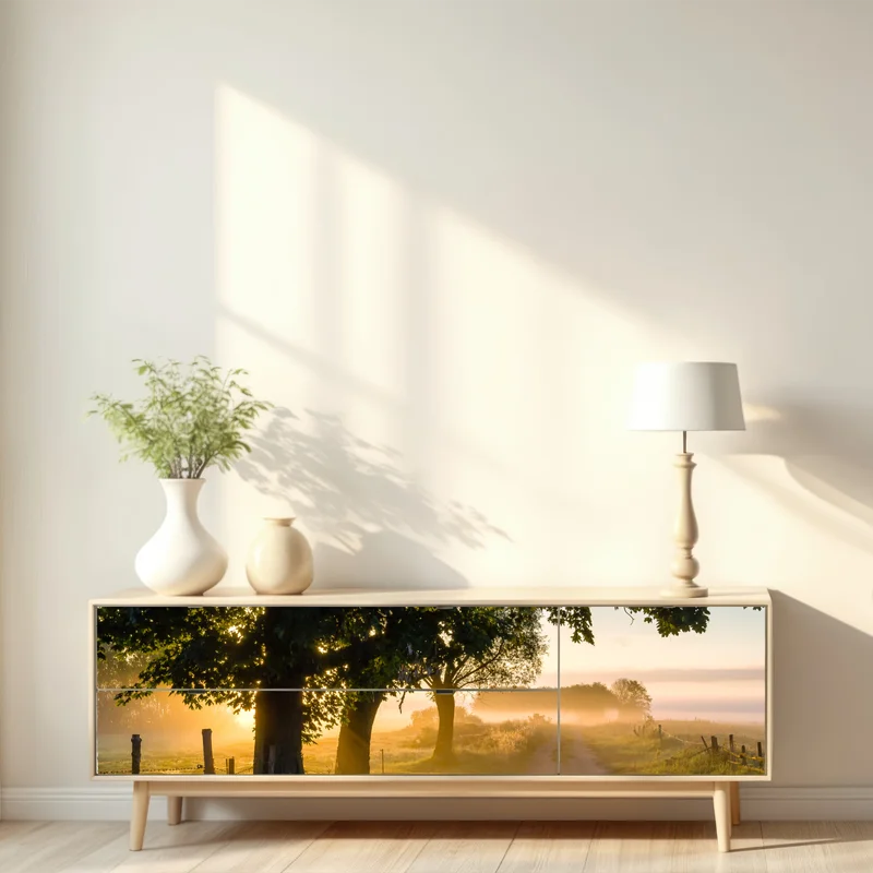 Repositionierbarer Aufkleber sonnenbeschienener landweg im morgendunst