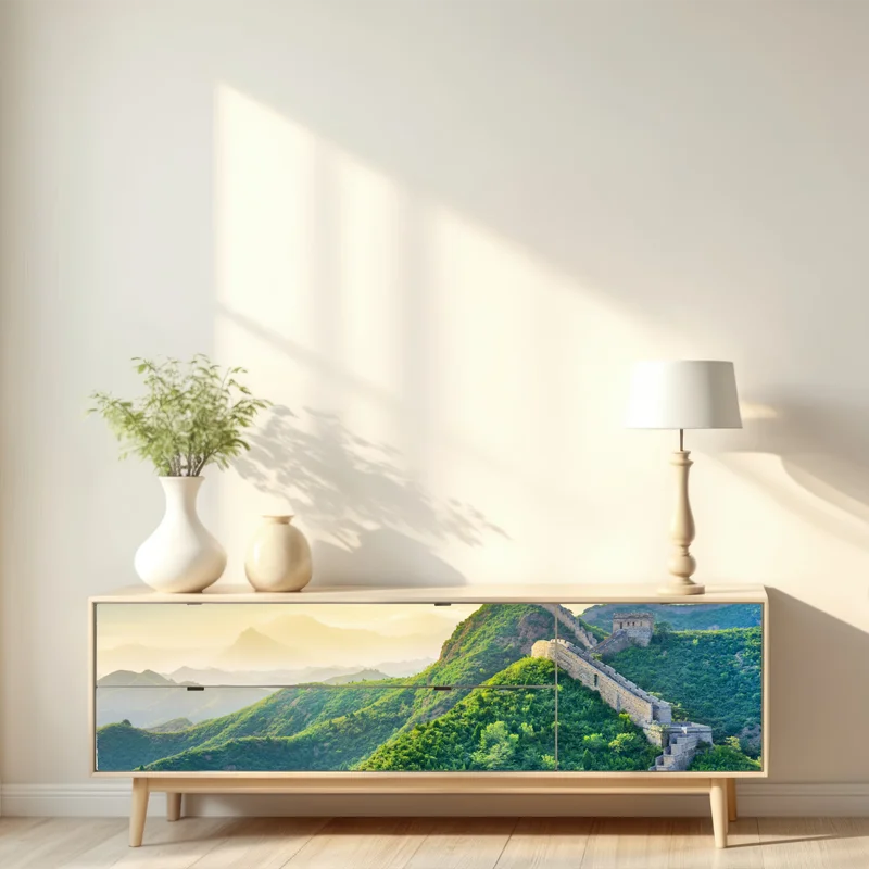 Repositionierbarer Aufkleber Chinesische Mauer bei sonnenaufgang über grünen bergen Repositionierbarer Aufkleber Chinesische Mauer bei sonnenaufgang über grünen bergen