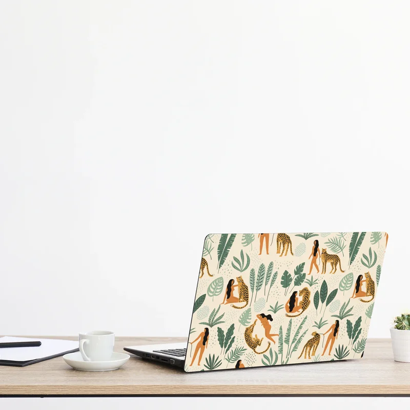 Naklejka na laptopa egzotyczny wzór z gepardami i liśćmi Naklejka na laptopa egzotyczny wzór z gepardami i liśćmi