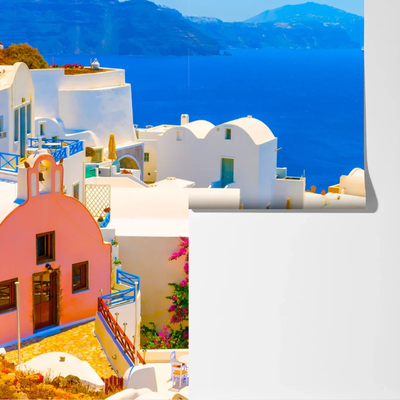 Fototapete sonniger blick auf Santorini mit weißen häusern und blauem meer Fototapete sonniger blick auf Santorini mit weißen häusern und blauem meer