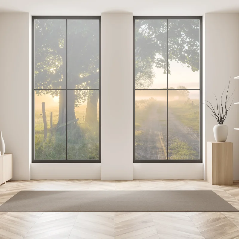 Fensteraufkleber sonnenbeschienener landweg im morgendunst