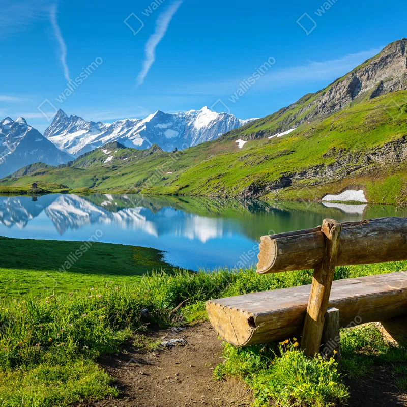 Repositionierbarer Aufkleber alpensee mit hölzerner bank Repositionierbarer Aufkleber alpensee mit hölzerner bank