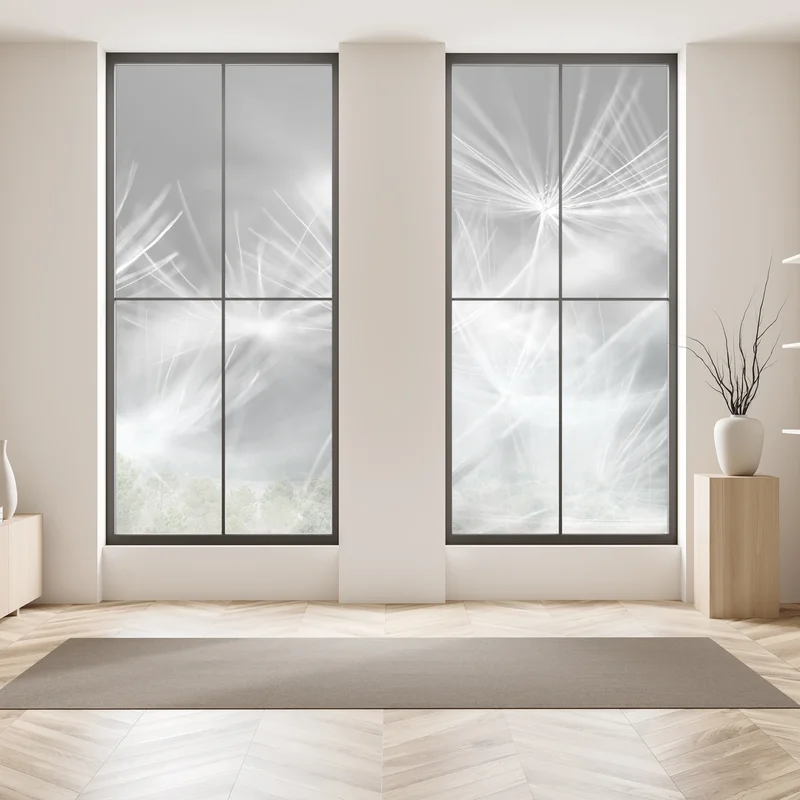 Fensteraufkleber zarte löwenzahnsamen in monochrom