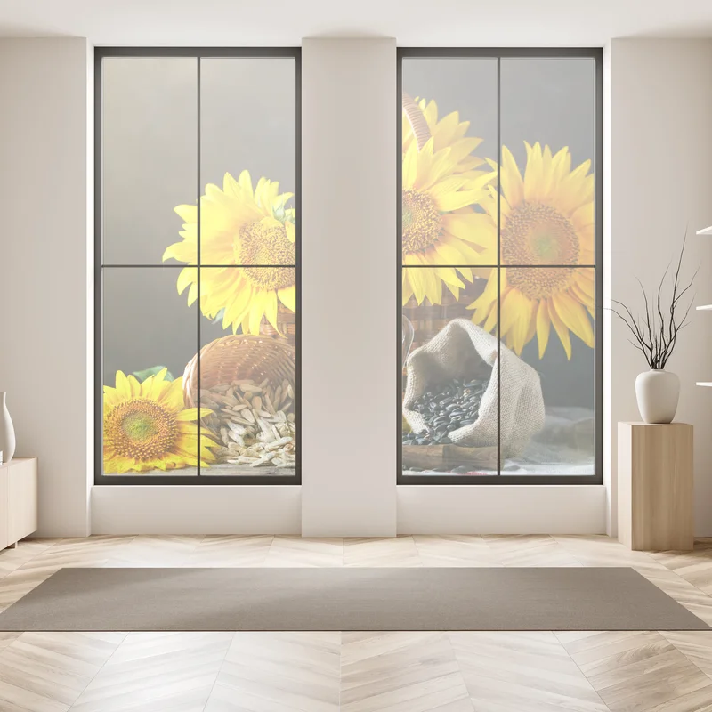 Fensteraufkleber leuchtendes stillleben mit sonnenblumen, kernen und öl