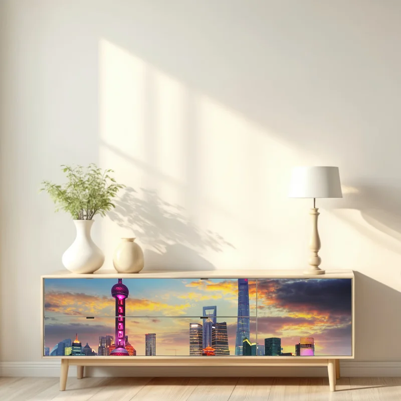Repositionierbarer Aufkleber Shanghai skyline bei sonnenuntergang