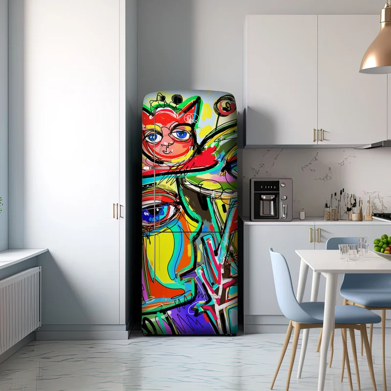 Kühlschrankaufkleber lebendige abstrakte gesichter mit katze und vogel