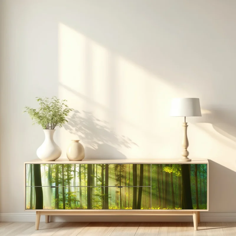 Repositionierbarer Aufkleber morgendliches licht im grünen wald