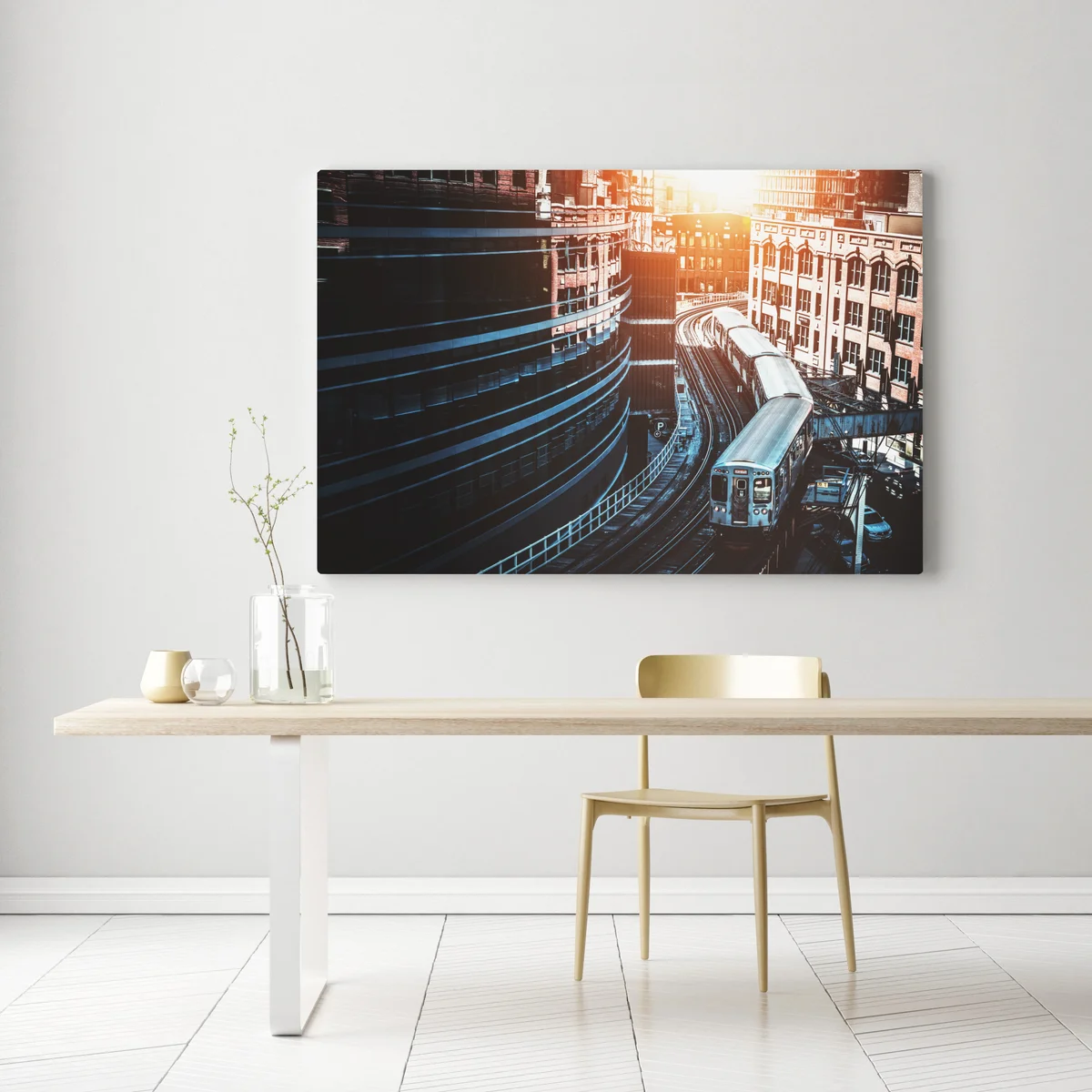 Leinwandbild Chicago hochbahn zwischen gebäuden Leinwandbild Chicago hochbahn zwischen gebäuden