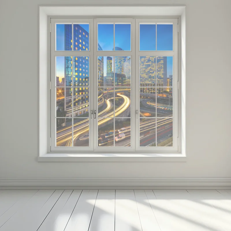 Fensteraufkleber moderne stadtsilhouette bei dämmerung