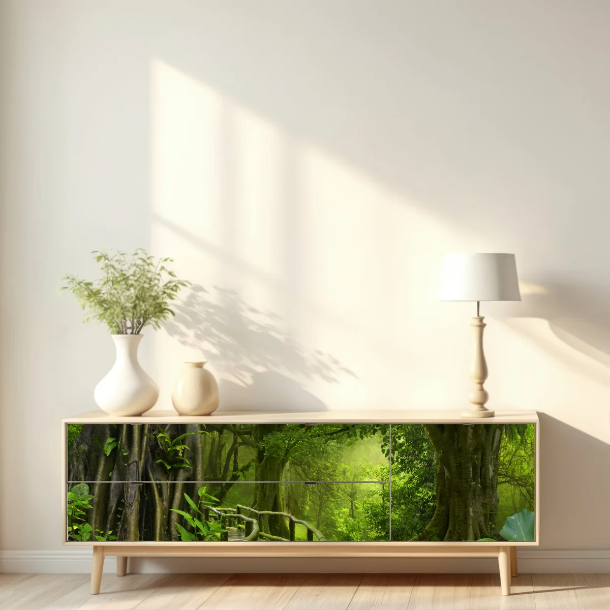 Repositionierbarer Aufkleber nebliger steg im tropischen dschungel Repositionierbarer Aufkleber nebliger steg im tropischen dschungel