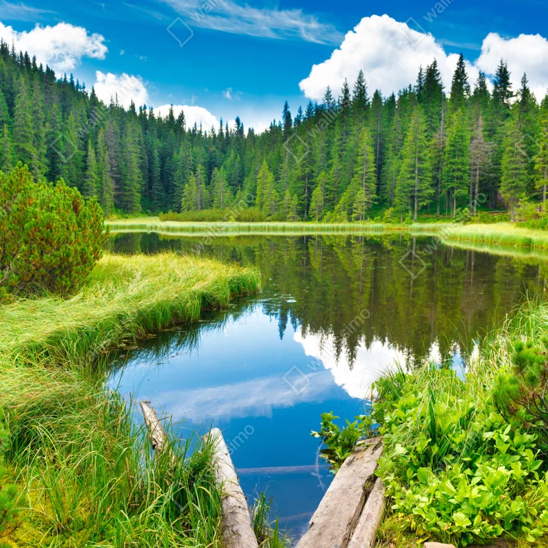 Leinwandbild ruhiger waldsee mit hölzerner brücke Leinwandbild ruhiger waldsee mit hölzerner brücke