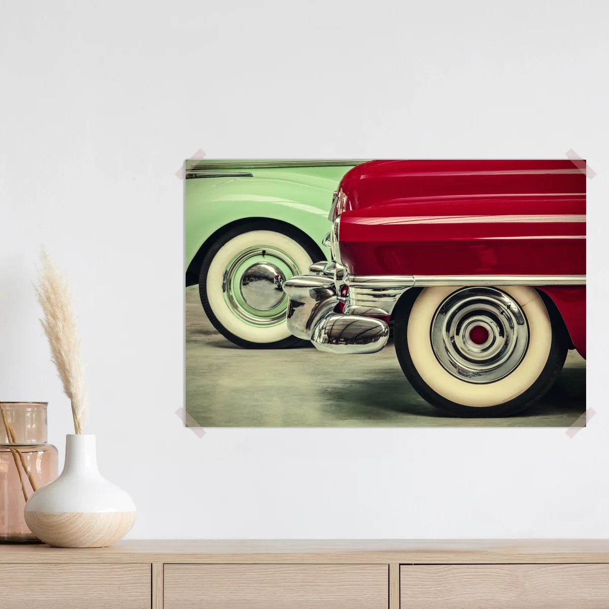 Poster nahaufnahme klassischer autos in rot und mint Poster nahaufnahme klassischer autos in rot und mint