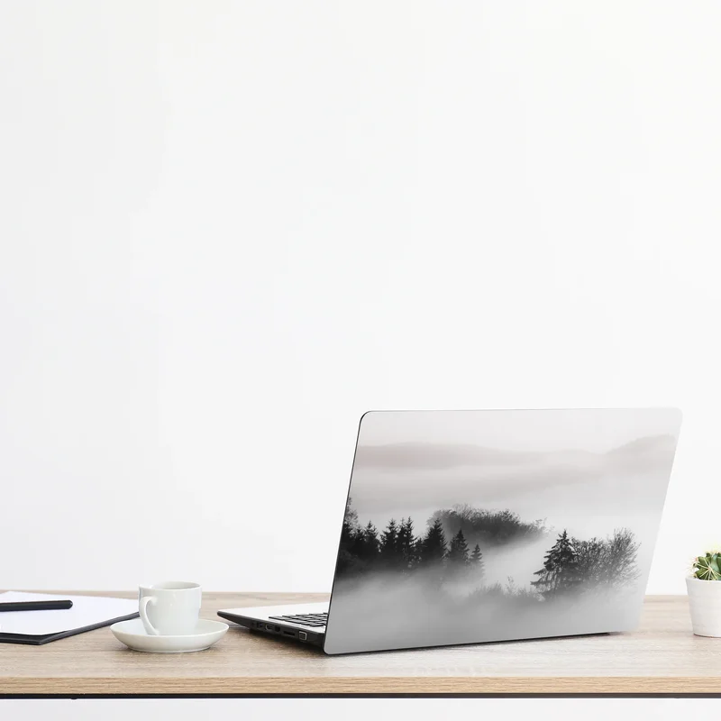 Naklejka na laptopa mglisty las w odcieniach szarości