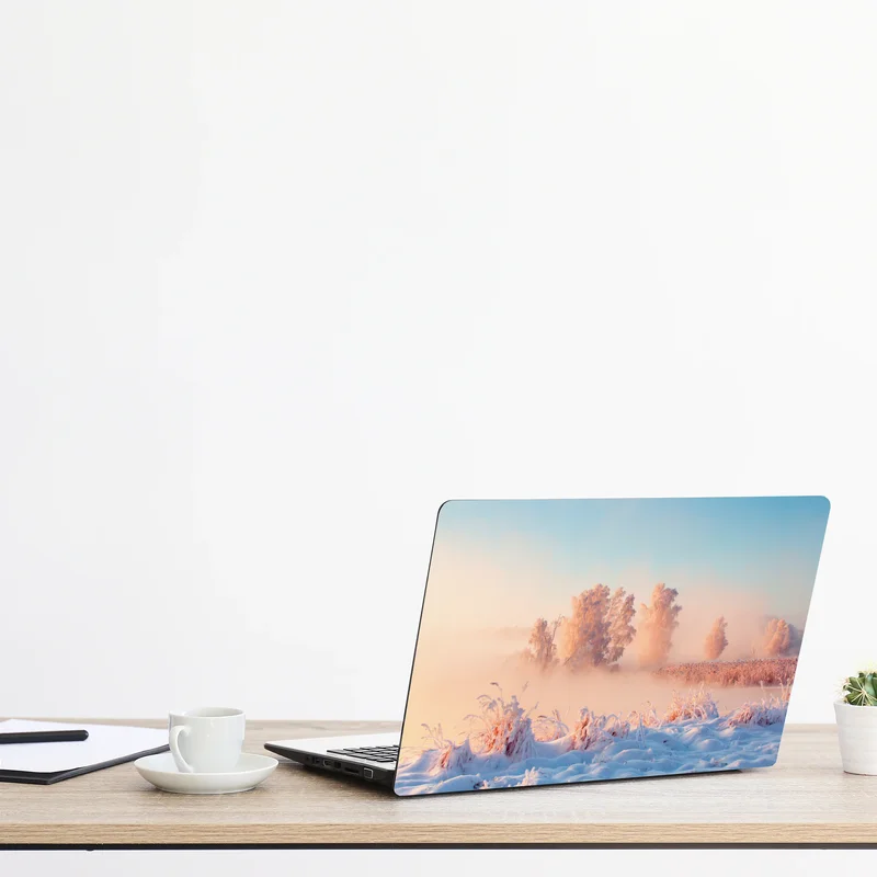 Laptop-Aufkleber winterlicher sonnenaufgang über einer frostigen wiese