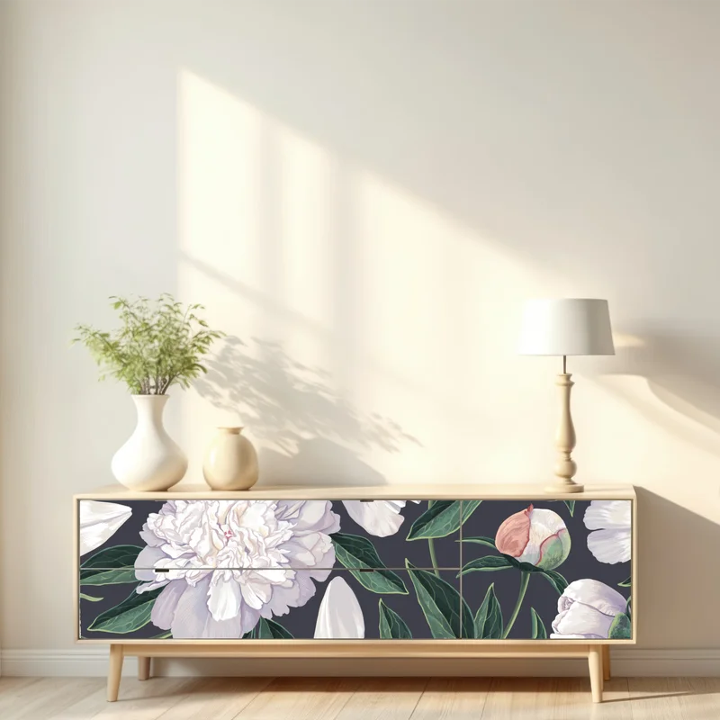 Repositionierbarer Aufkleber weißes pfingstrosenmuster auf schiefergrauem hintergrund Repositionierbarer Aufkleber weißes pfingstrosenmuster auf schiefergrauem hintergrund