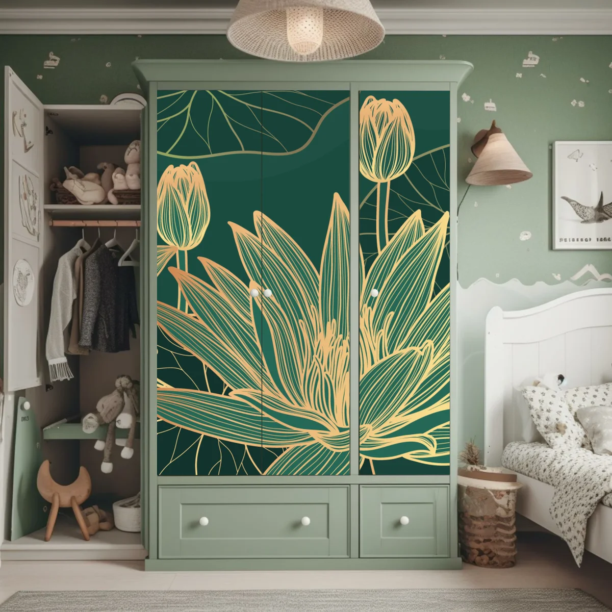 Schrankaufkleber goldene lotosblüten auf grünem hintergrund Schrankaufkleber goldene lotosblüten auf grünem hintergrund