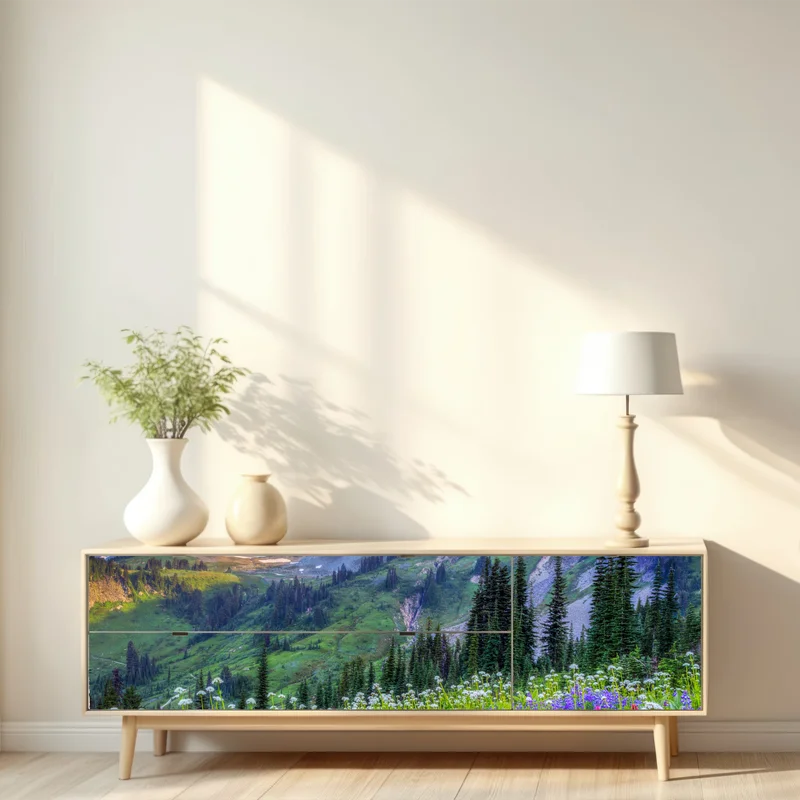 Repositionierbarer Aufkleber alpine blumenwiese vor schneebedeckten bergen