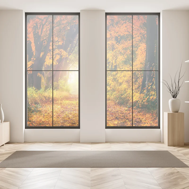 Fensteraufkleber herbstlicher waldpfad im goldenen licht