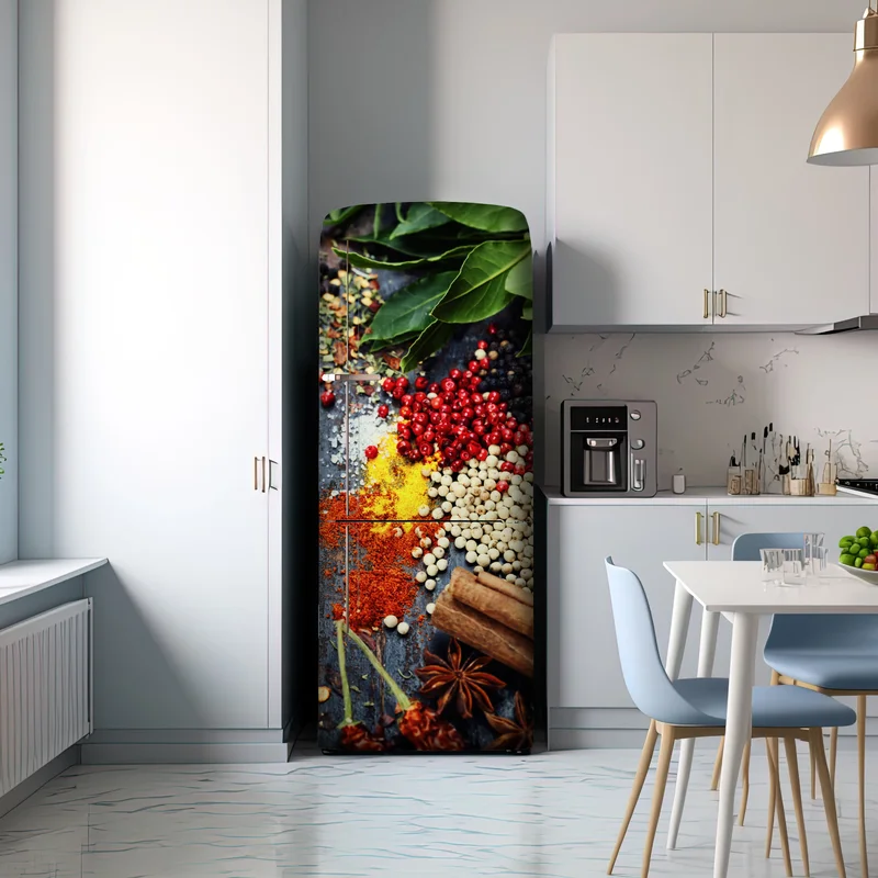 Kühlschrankaufkleber buntes gewürzsortiment auf rustikalem holz