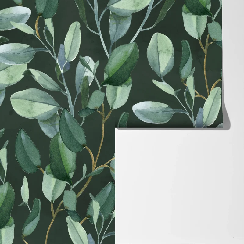 Fototapeta wzór akwarelowy z liśćmi eukaliptusa na ciemnozielonym tle Fototapeta wzór akwarelowy z liśćmi eukaliptusa na ciemnozielonym tle