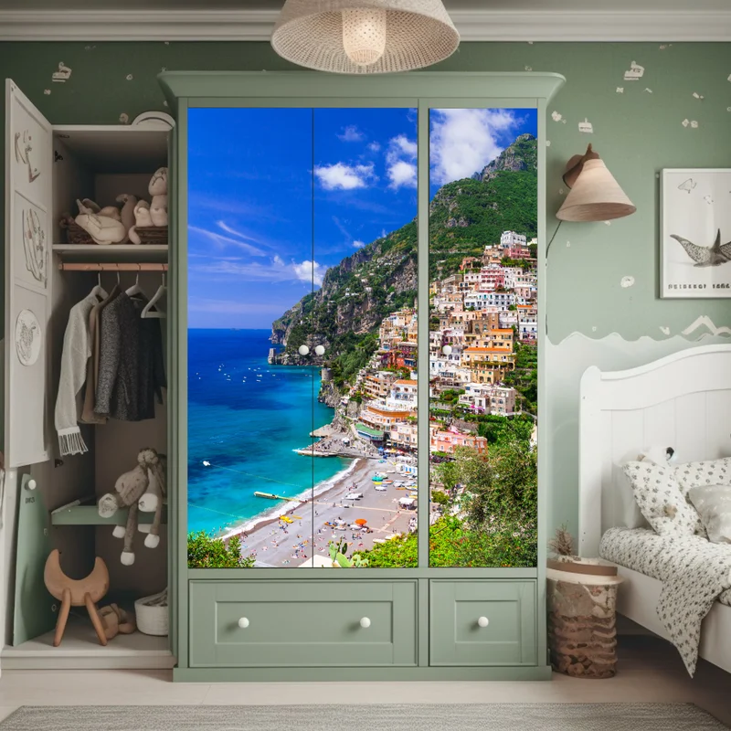 Schrankaufkleber sonnige panoramaaufnahme von Positano an der Amalfiküste