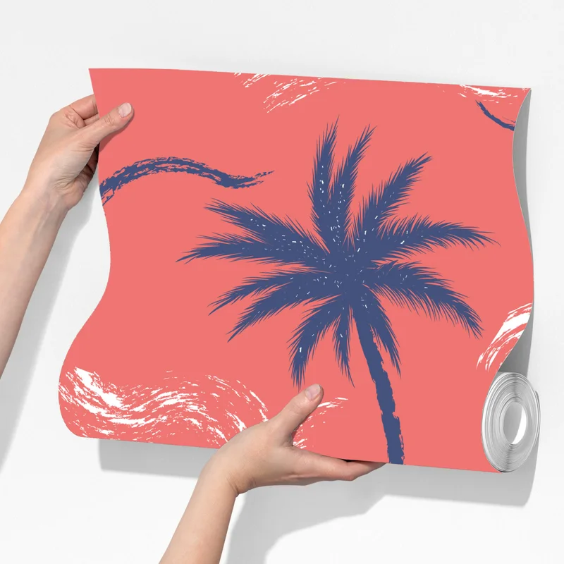 Fototapeta tropikalny wzór palm w kolorze koralowym i granatowym Fototapeta tropikalny wzór palm w kolorze koralowym i granatowym