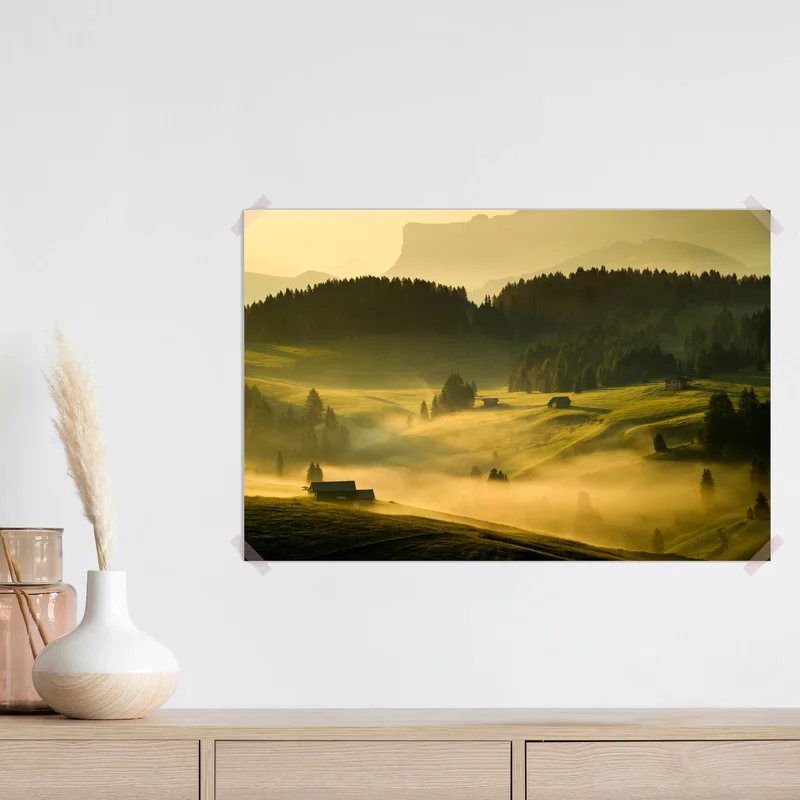 Poster Seiser Alm sonnenaufgang über Langkofel und alpine wiesen • Poster bei Wallnifity® Poster Seiser Alm sonnenaufgang über Langkofel und alpine wiesen • Poster bei Wallnifity®
