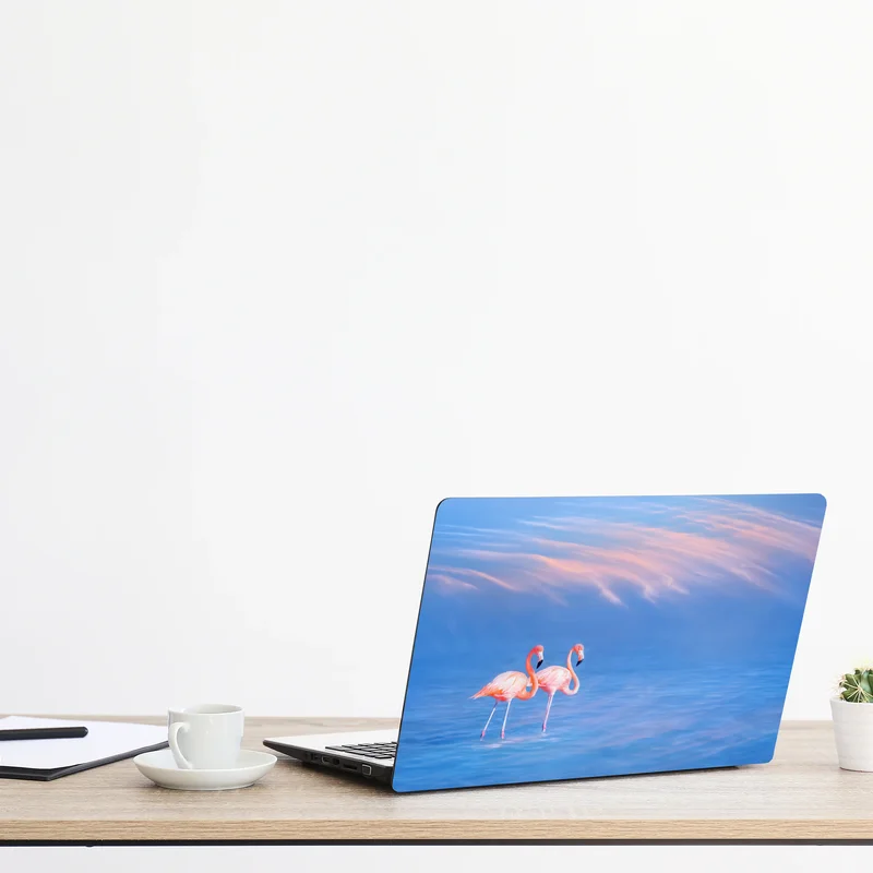 Naklejka na laptopa różowe flamingi na pastelowych wodach