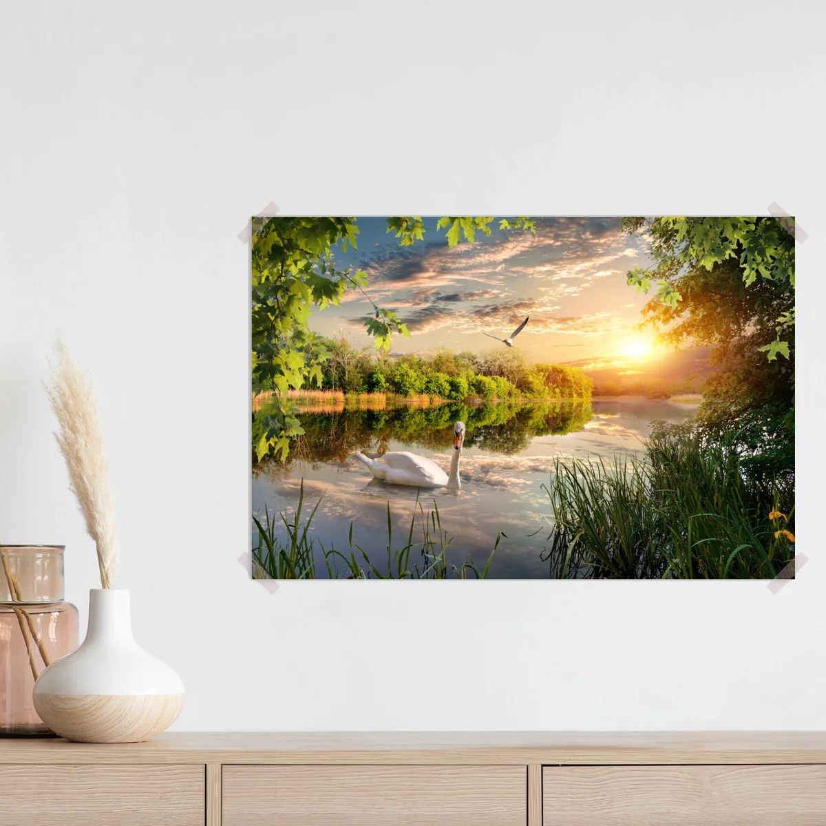 Poster sonnenuntergang mit schwan auf stillem see Poster sonnenuntergang mit schwan auf stillem see