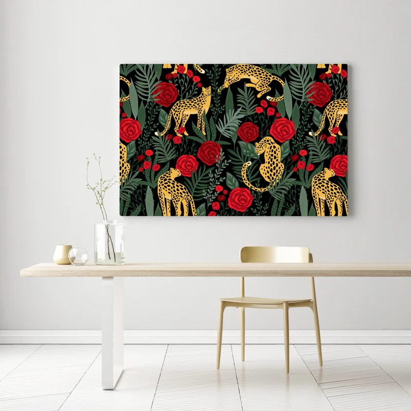 Leinwandbild goldene geparden und rote rosen muster Leinwandbild goldene geparden und rote rosen muster