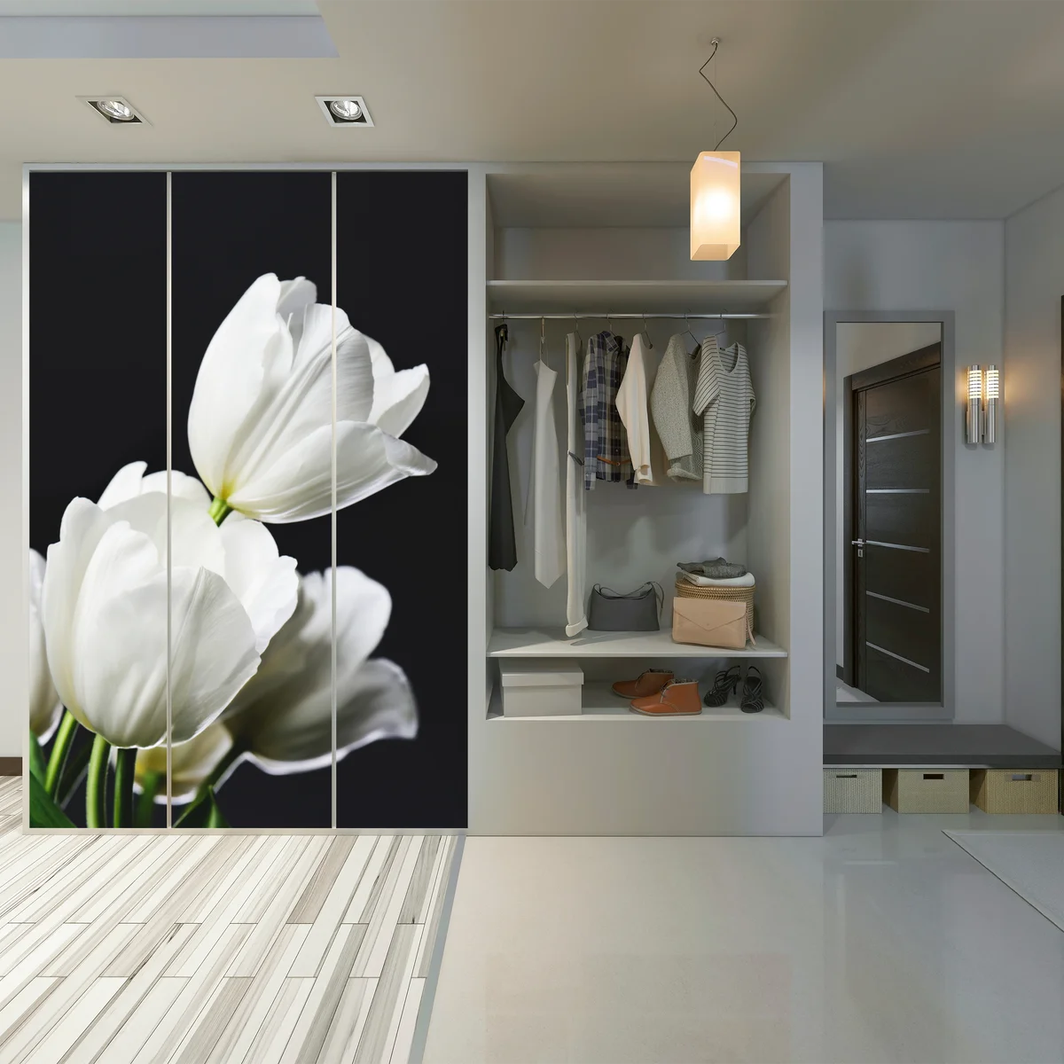 Schrankaufkleber weißer tulpenstrauß vor dunklem hintergrund Schrankaufkleber weißer tulpenstrauß vor dunklem hintergrund