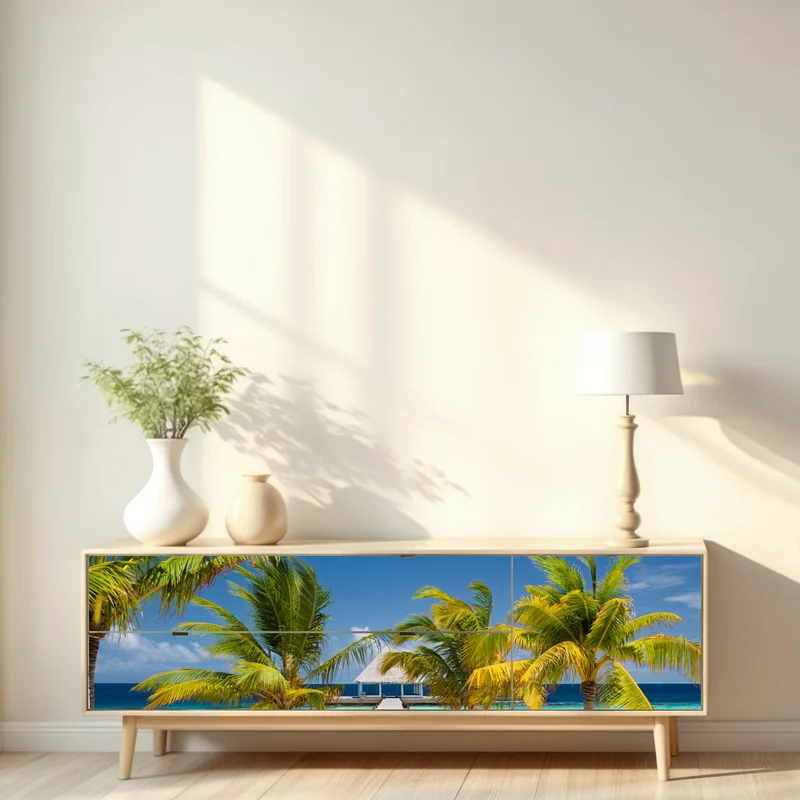 Repositionierbarer Aufkleber tropischer steg über türkisfarbenes meer