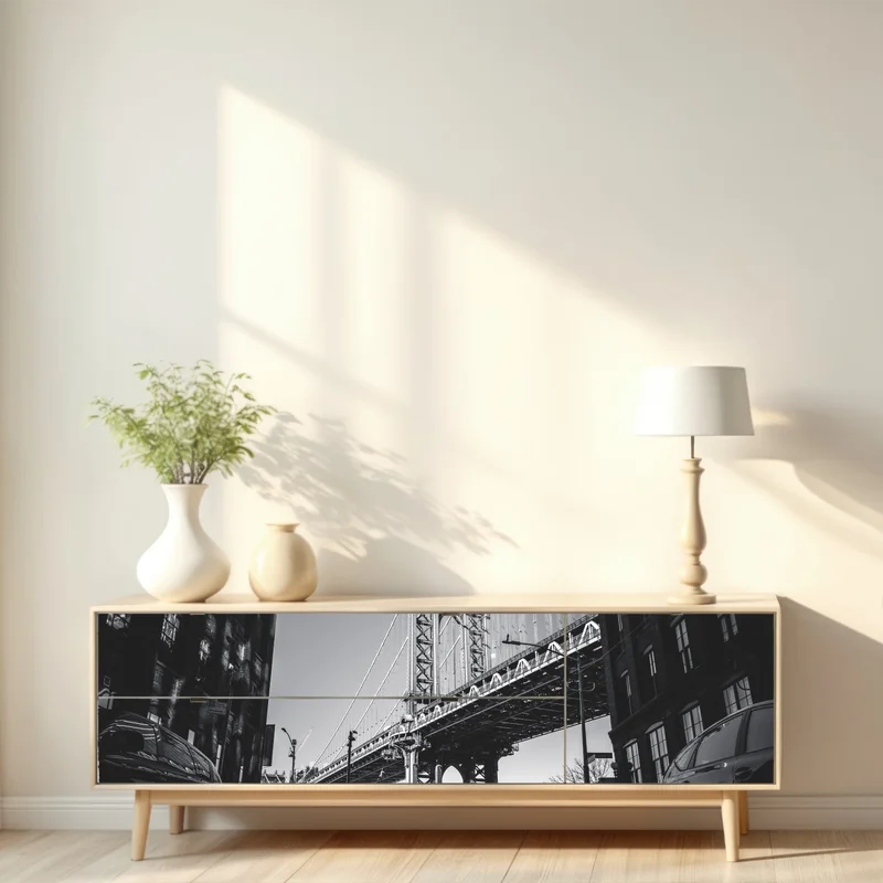 Repositionierbarer Aufkleber Manhattan brücke perspektive über kopfsteinpflaster