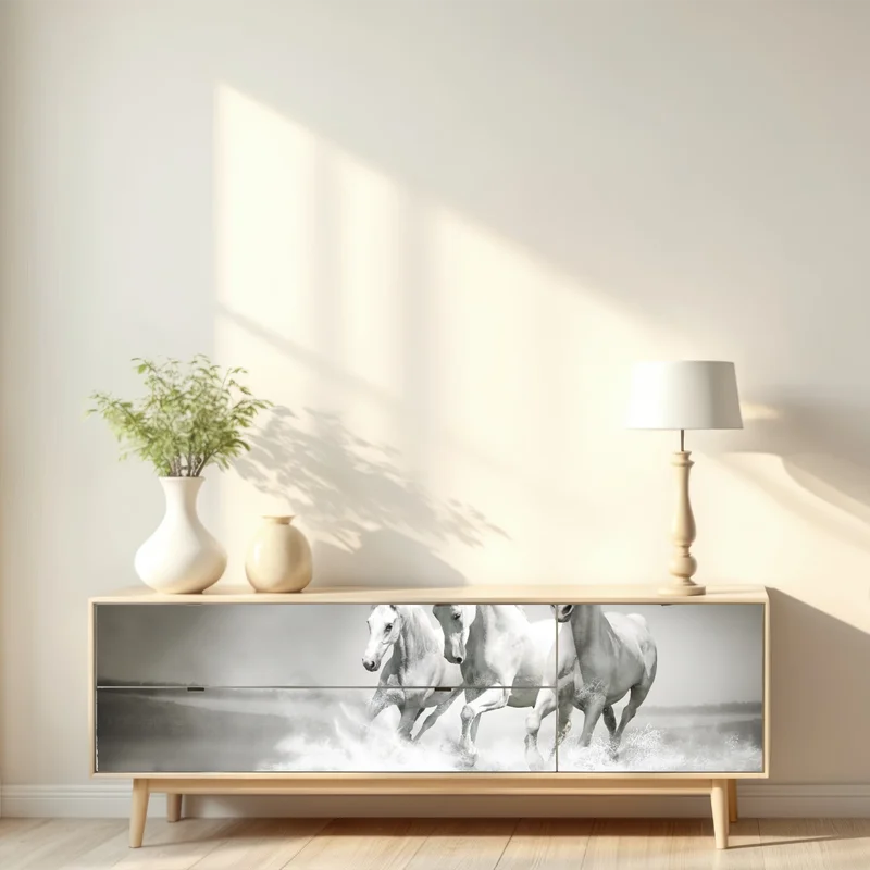 Repositionierbarer Aufkleber drei weiße pferde im galopp durch wasser Repositionierbarer Aufkleber drei weiße pferde im galopp durch wasser