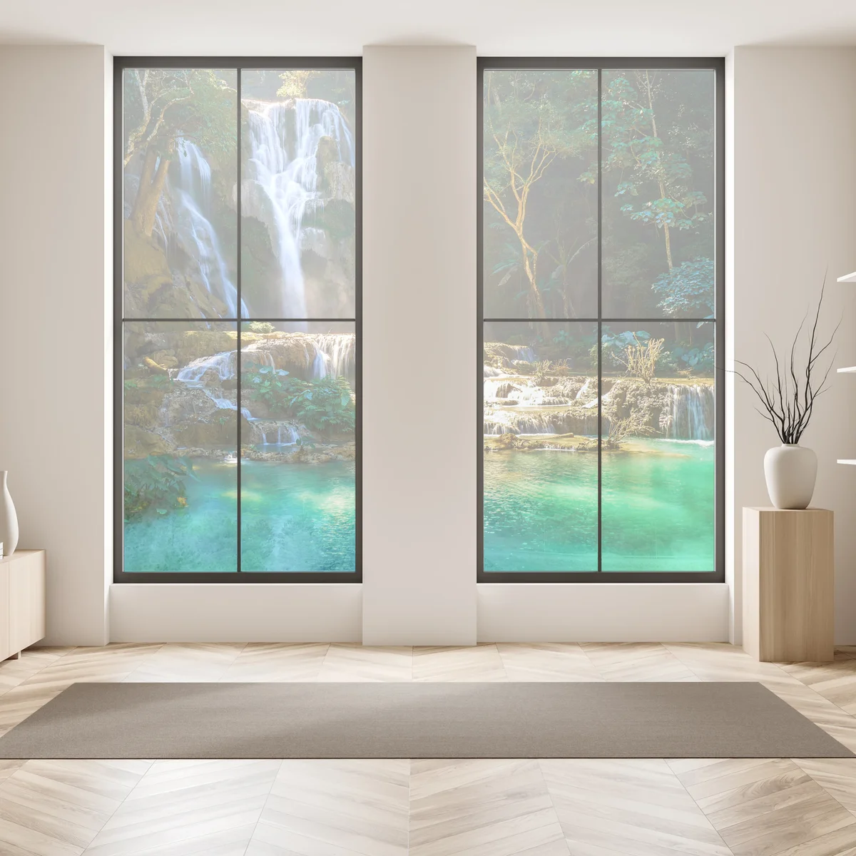 Fensteraufkleber türkisfarbener wasserfall im üppigen wald Fensteraufkleber türkisfarbener wasserfall im üppigen wald