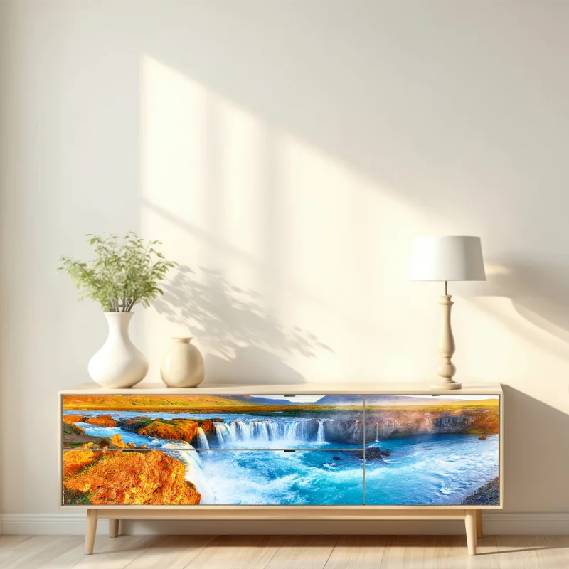 Repositionierbarer Aufkleber panorama des wasserfalls Godafoss bei sonnenaufgang