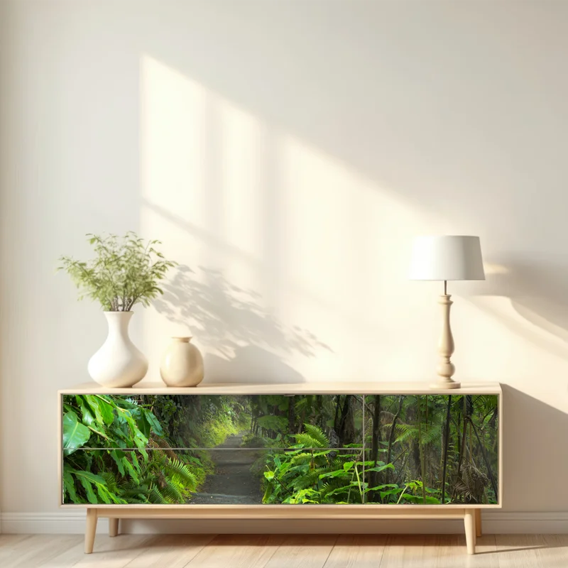 Repositionierbarer Aufkleber üppiger regenwaldpfad im Kilauea Iki, Hawaii