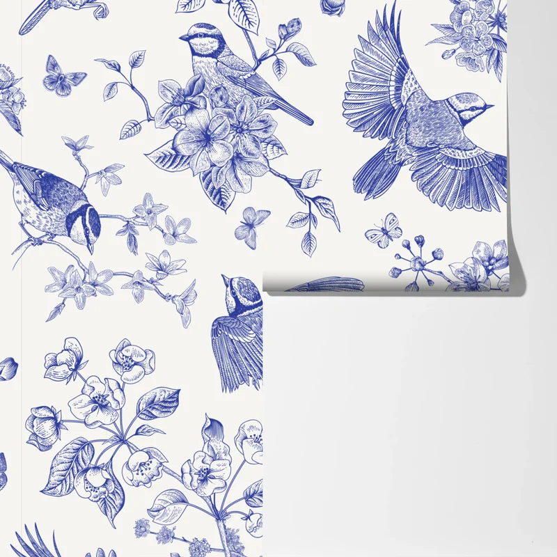 Fototapete blaues muster mit vögeln und blüten im vintage-stil Fototapete blaues muster mit vögeln und blüten im vintage-stil