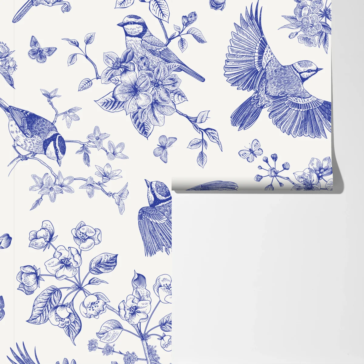 Fototapete blaues muster mit vögeln und blüten im vintage-stil Fototapete blaues muster mit vögeln und blüten im vintage-stil