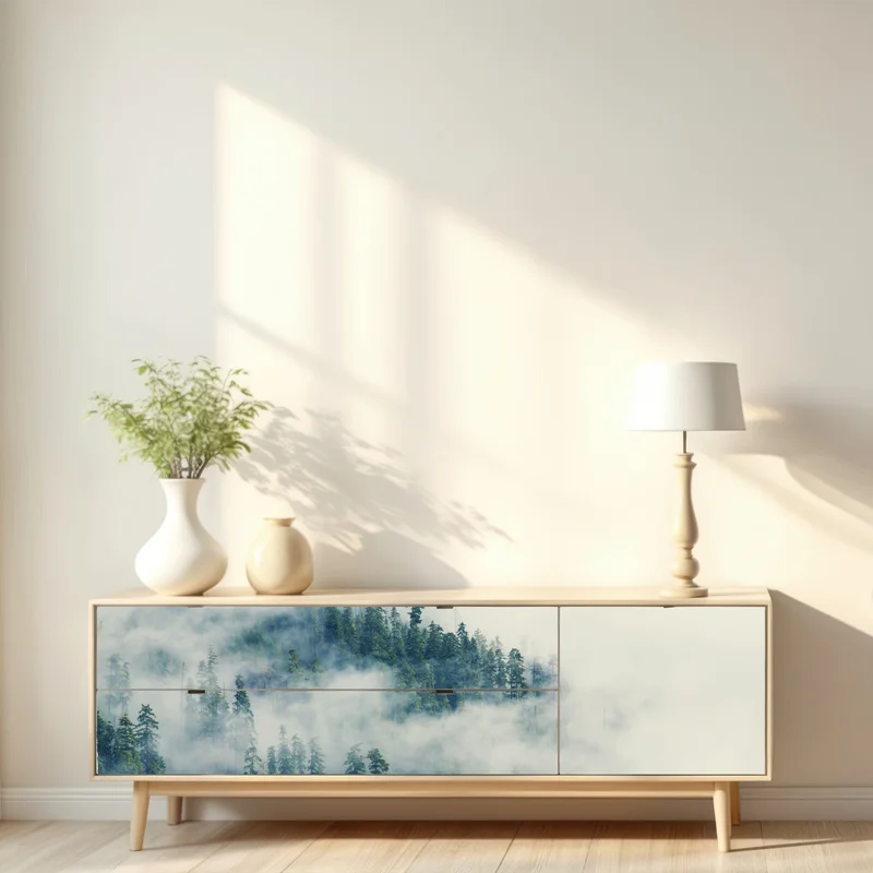 Repositionierbarer Aufkleber nebliger nadelwald Repositionierbarer Aufkleber nebliger nadelwald