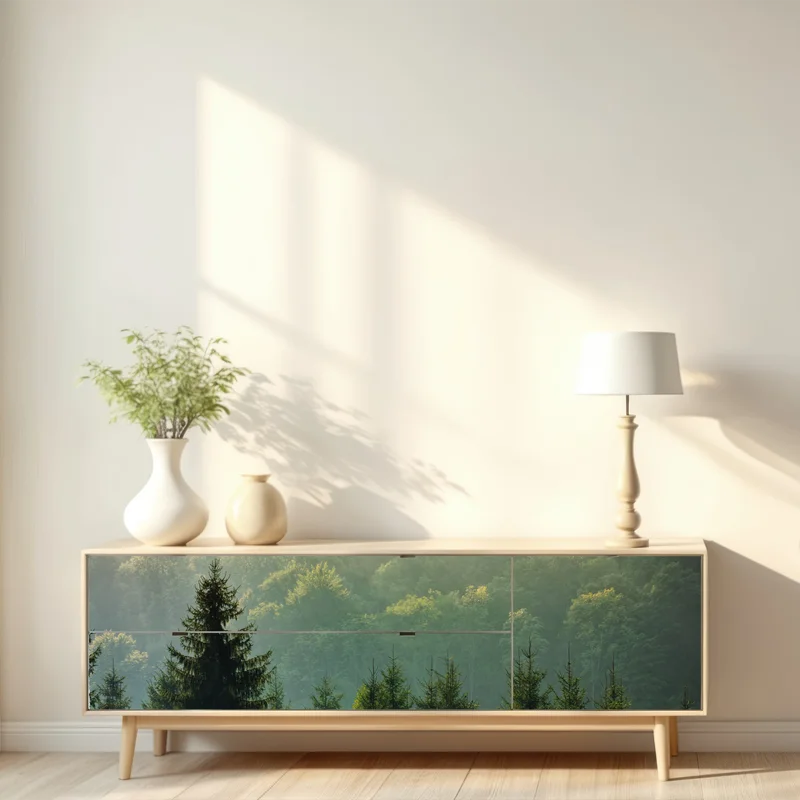 Repositionierbarer Aufkleber nebeliger fichtenwald in den Karpaten bei sonnenaufgang