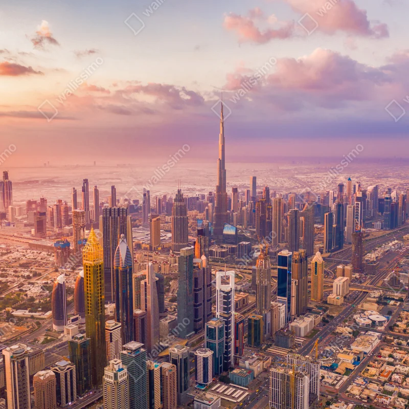 Schrankaufkleber sonnenuntergang über der skyline von Dubai mit Burj Khalifa Schrankaufkleber sonnenuntergang über der skyline von Dubai mit Burj Khalifa