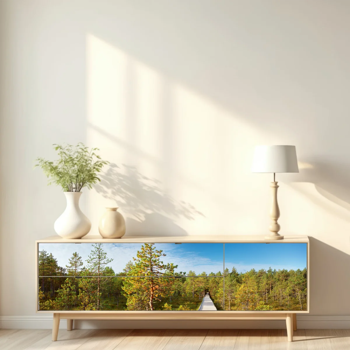 Repositionierbarer Aufkleber sonniger steg durch den kiefernwald Repositionierbarer Aufkleber sonniger steg durch den kiefernwald