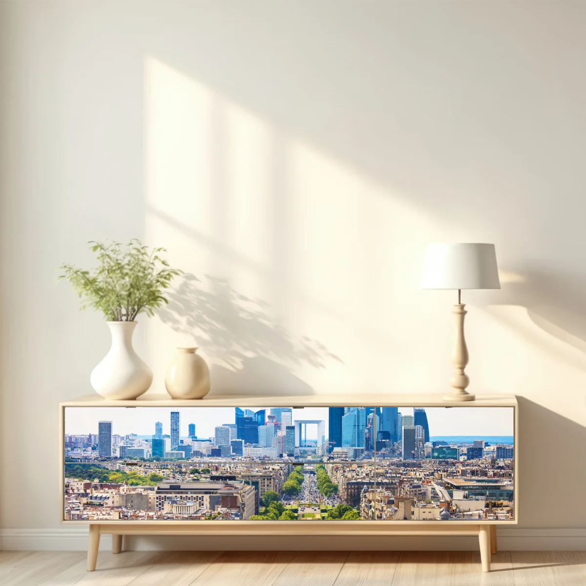 Repositionierbarer Aufkleber Paris skyline über baumgesäumter avenue Repositionierbarer Aufkleber Paris skyline über baumgesäumter avenue